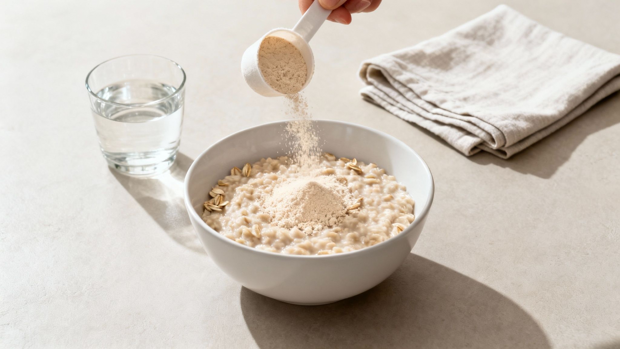 A hand pours protein powder from a scoop into a bowl of oatmeal, with a glass of water nearby.