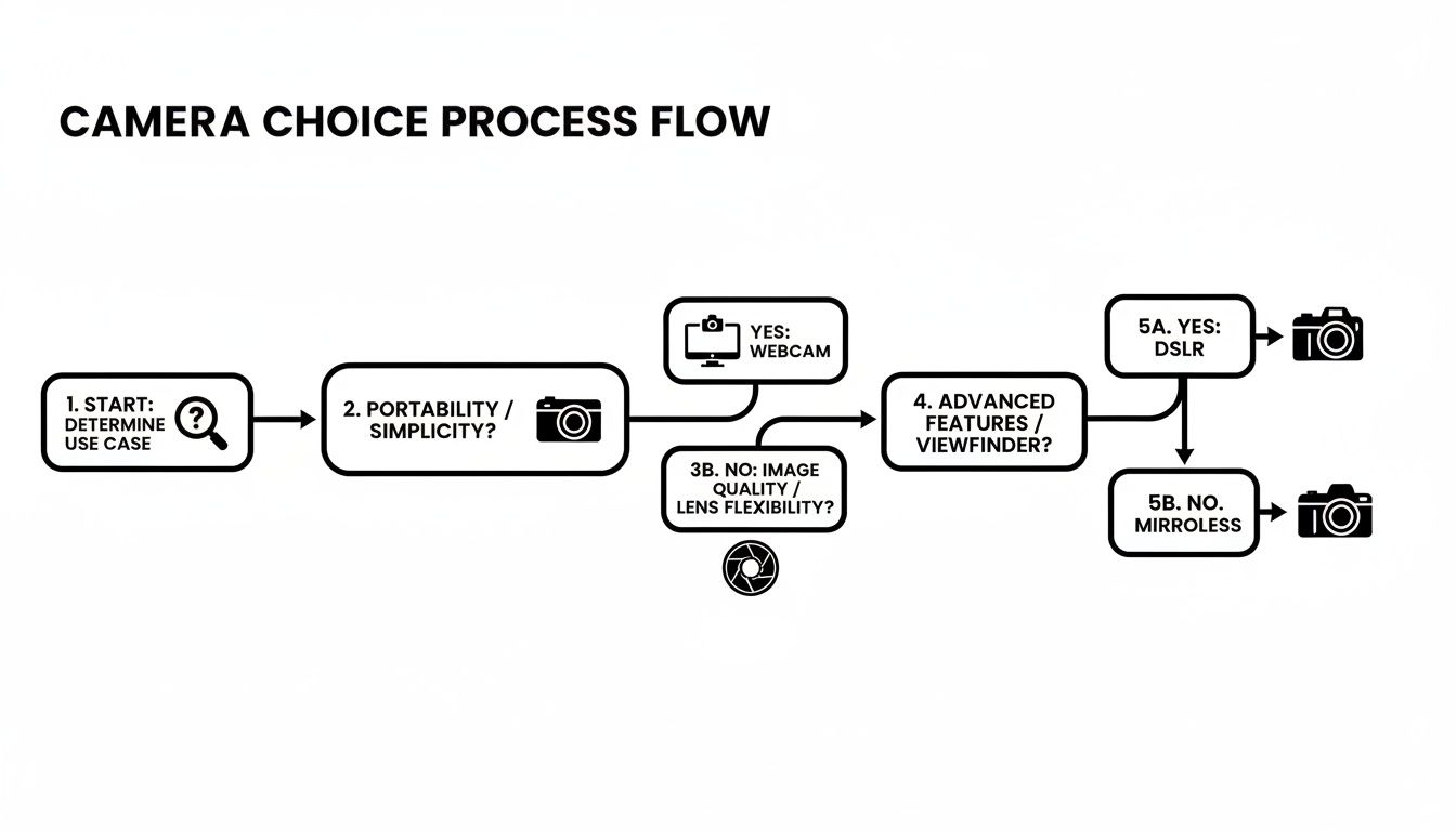 Flowchart illustrating the camera choice process, from determining use case to selecting a camera type like webcam, DSLR, or mirrorless.