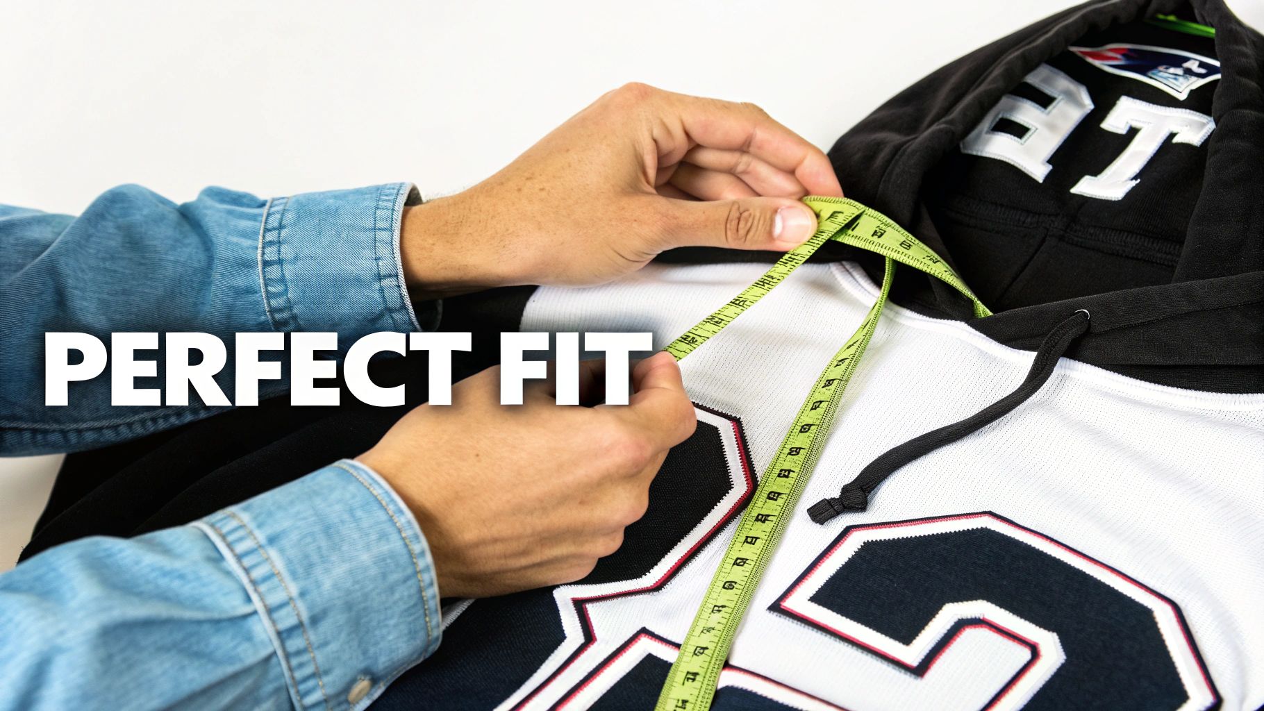 Hands measuring a black and white football hoodie with a green tape measure for a perfect fit.