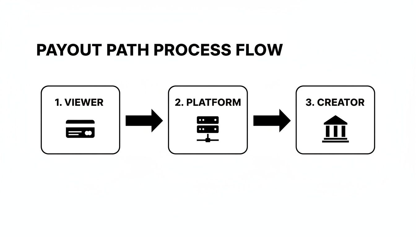 A flowchart illustrates the payout path process from a viewer, through a platform, to a creator.