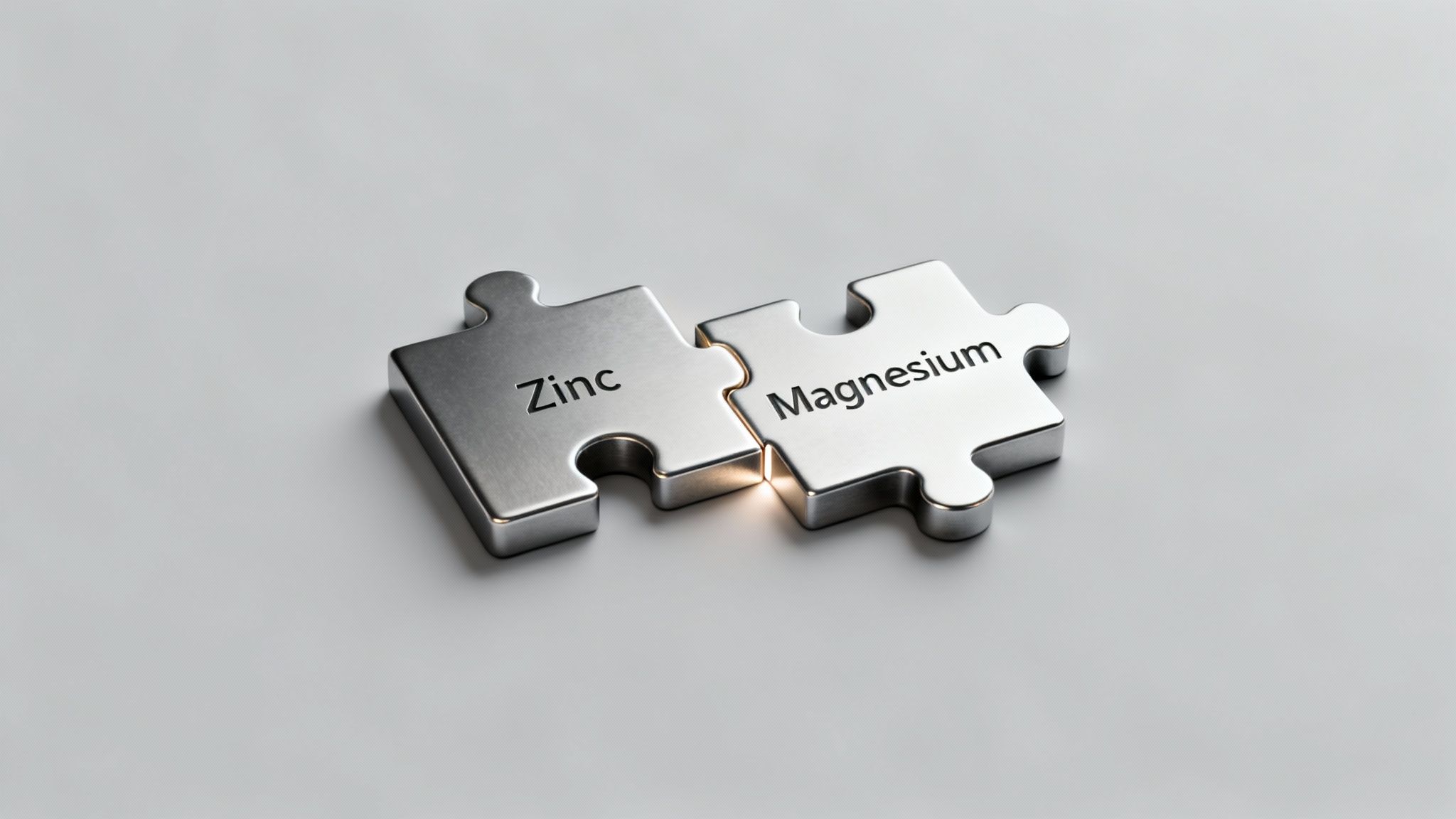Interlocking metallic puzzle pieces, one labeled 'Zinc' and the other 'Magnesium', glowing at their connection.
