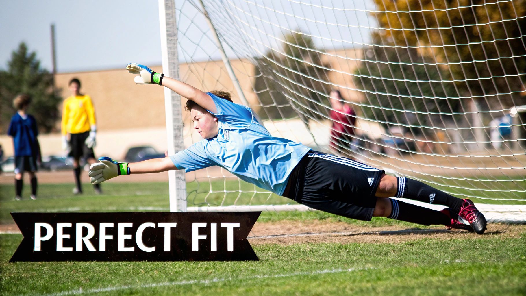 A young goalkeeper in a well-fitted kit, standing ready in goal.