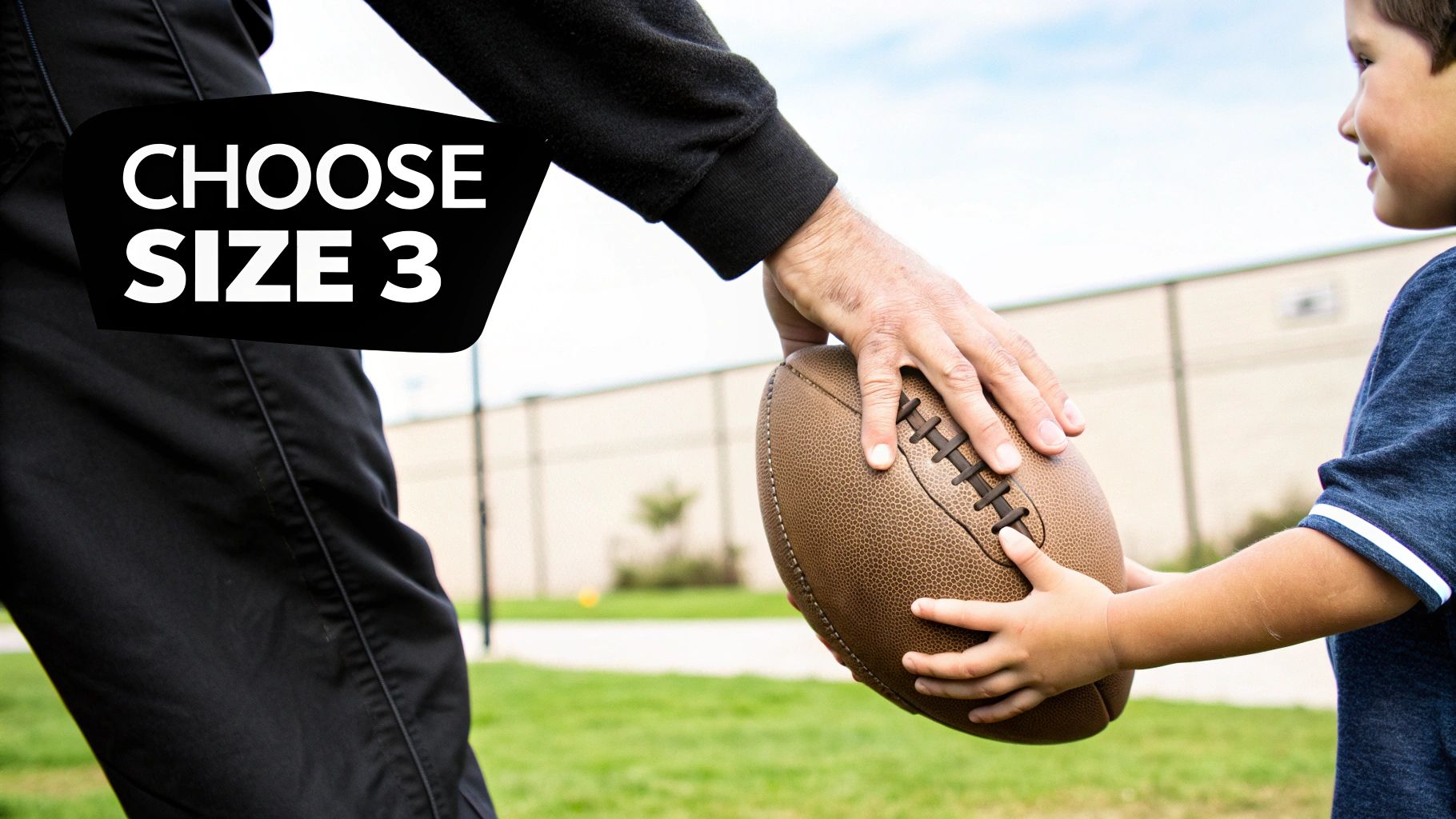 An adult and child's hands gently hold a brown football outdoors, with 'CHOOSE SIZE 3' text overlay.