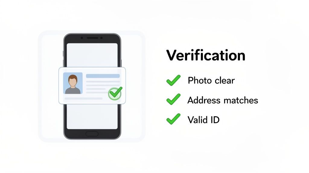 A smartphone screen displays an ID verification process, showing checks for a clear photo, matching address, and valid ID.