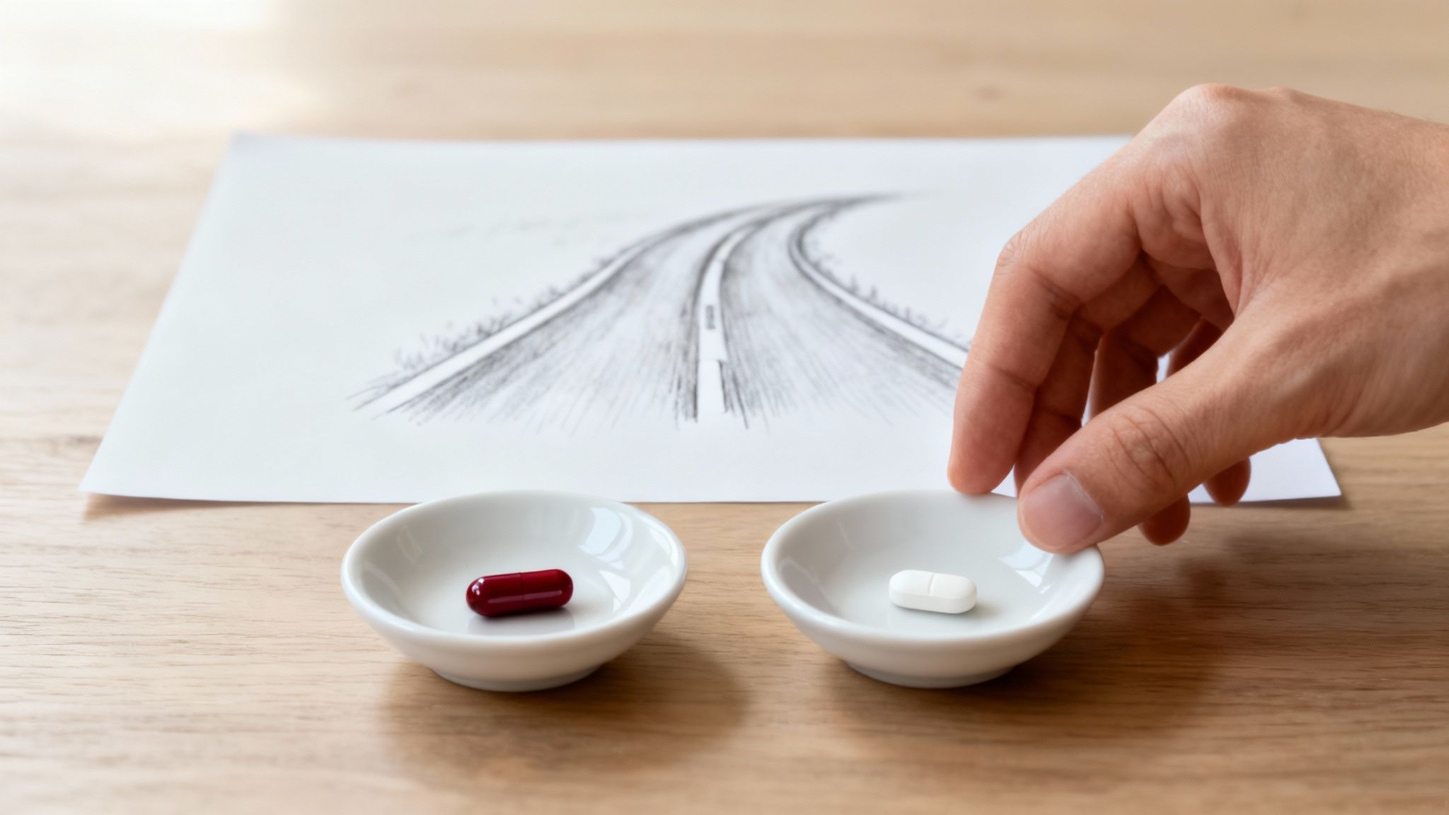 A hand reaches for a white pill, with a red capsule, against a drawn road on paper, symbolizing choice.