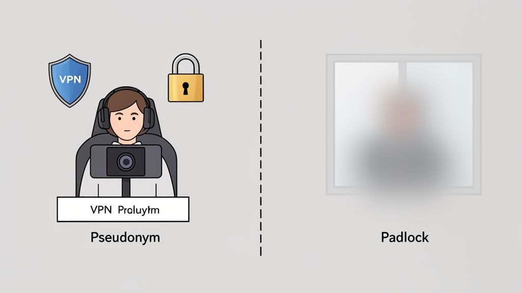 Illustration of a user with VPN and pseudonym for anonymity, alongside a blurred person representing privacy.