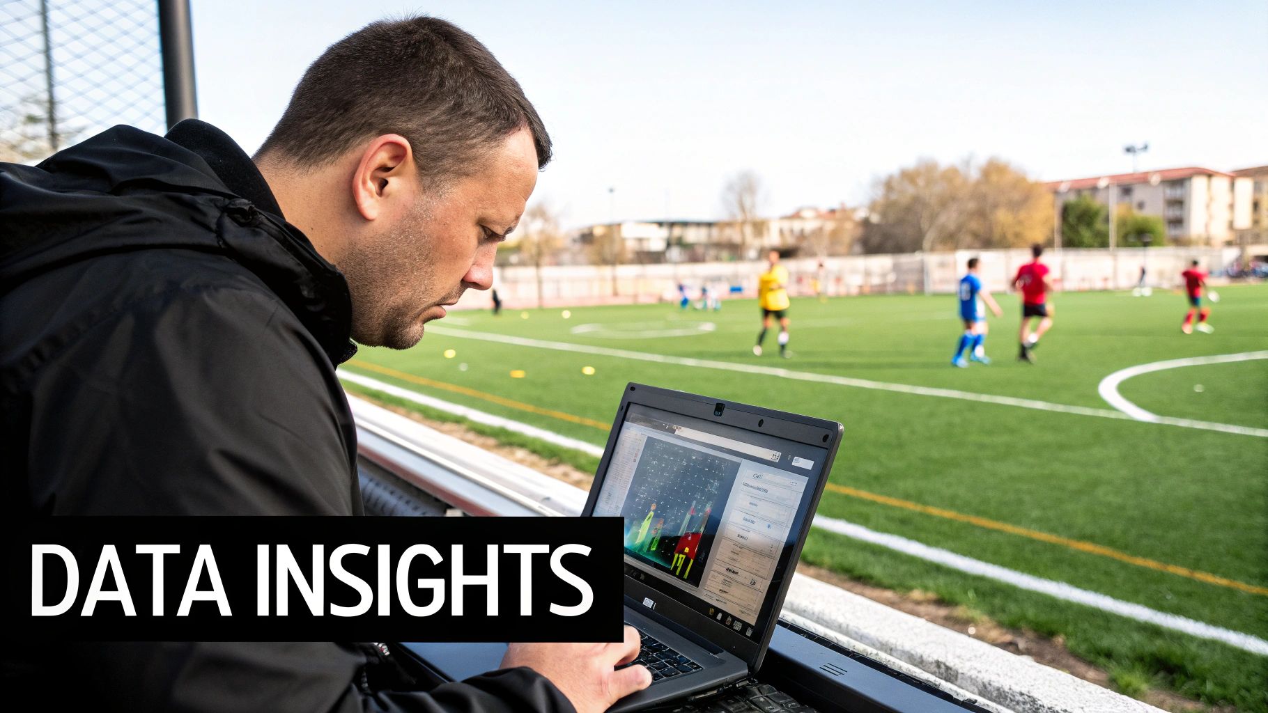 A young football player looking at performance data on a tablet with their coach.