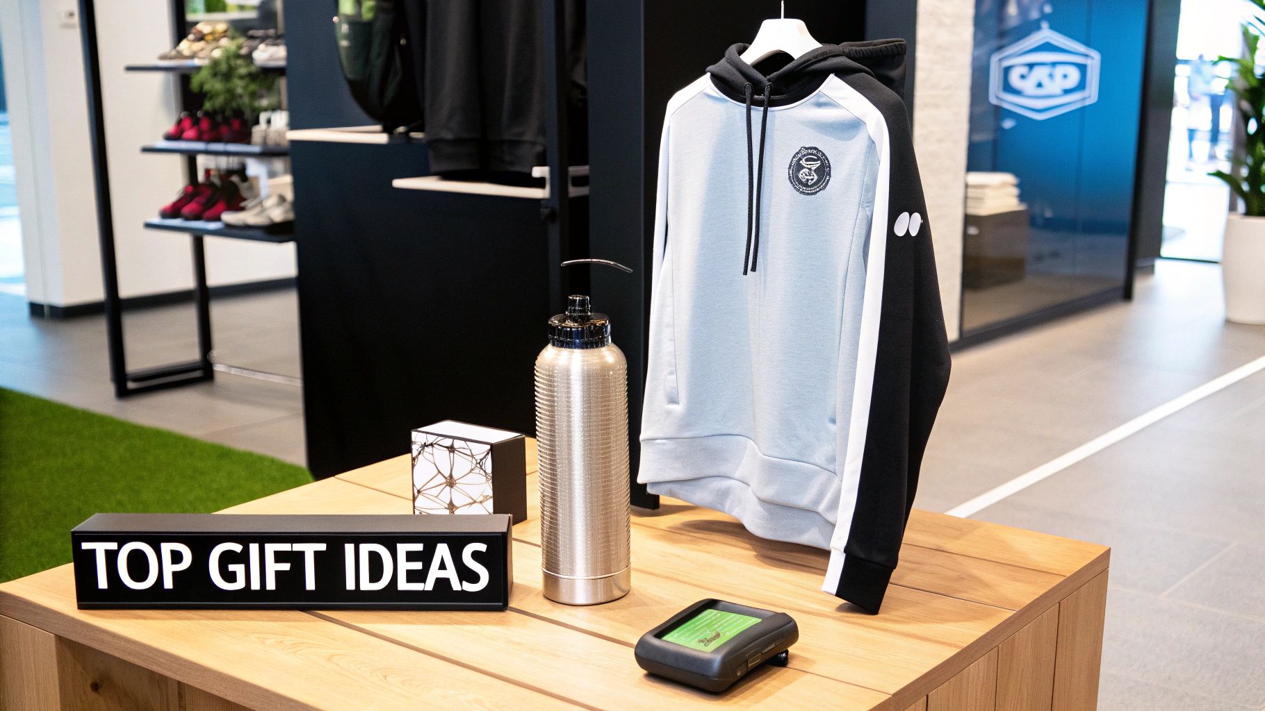 A retail display showcasing 'TOP GIFT IDEAS' with a sweatshirt, water bottle, and sports accessories.