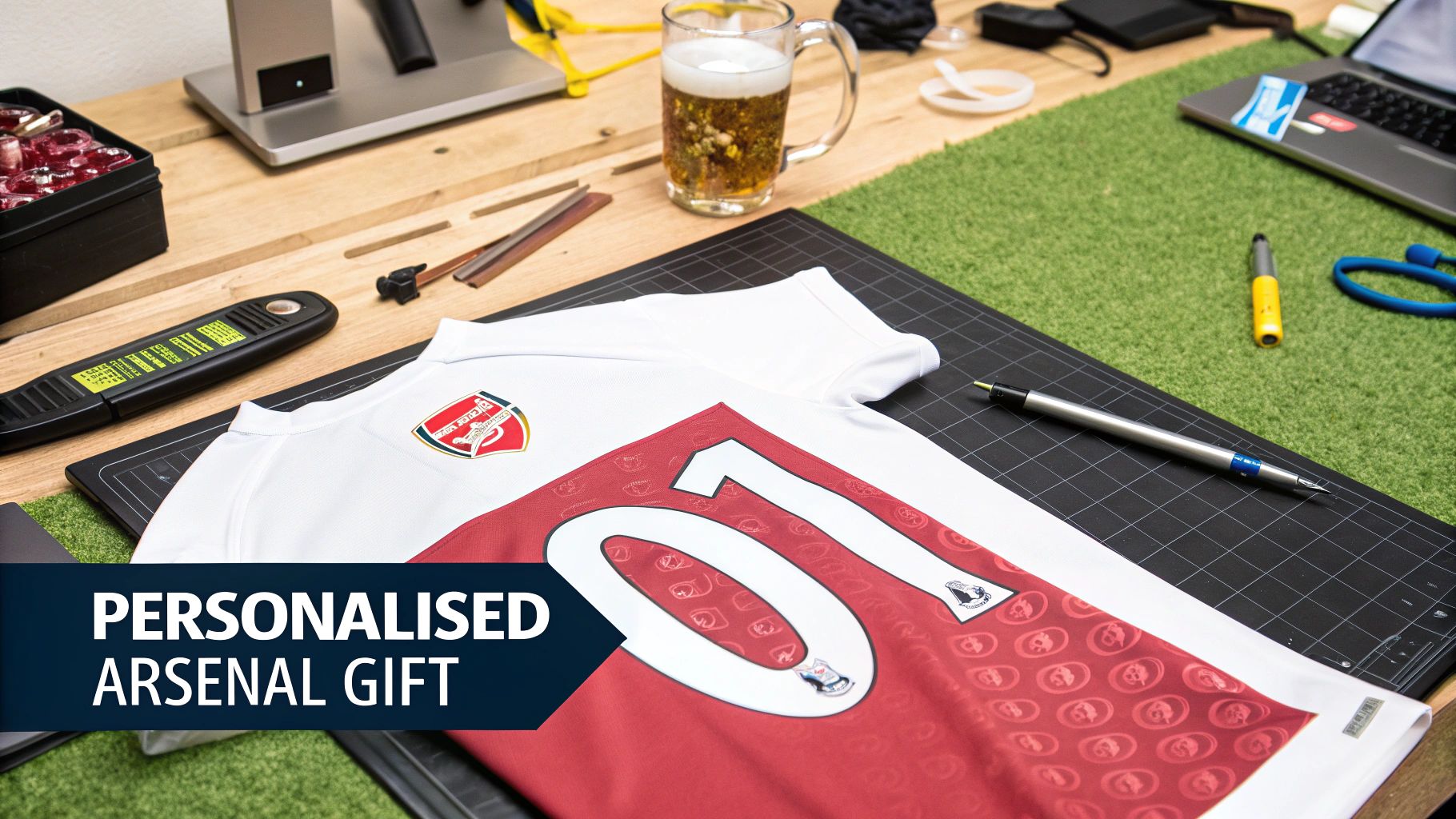 A personalized Arsenal football jersey with the number '01' on a desk, surrounded by craft items and a beer.