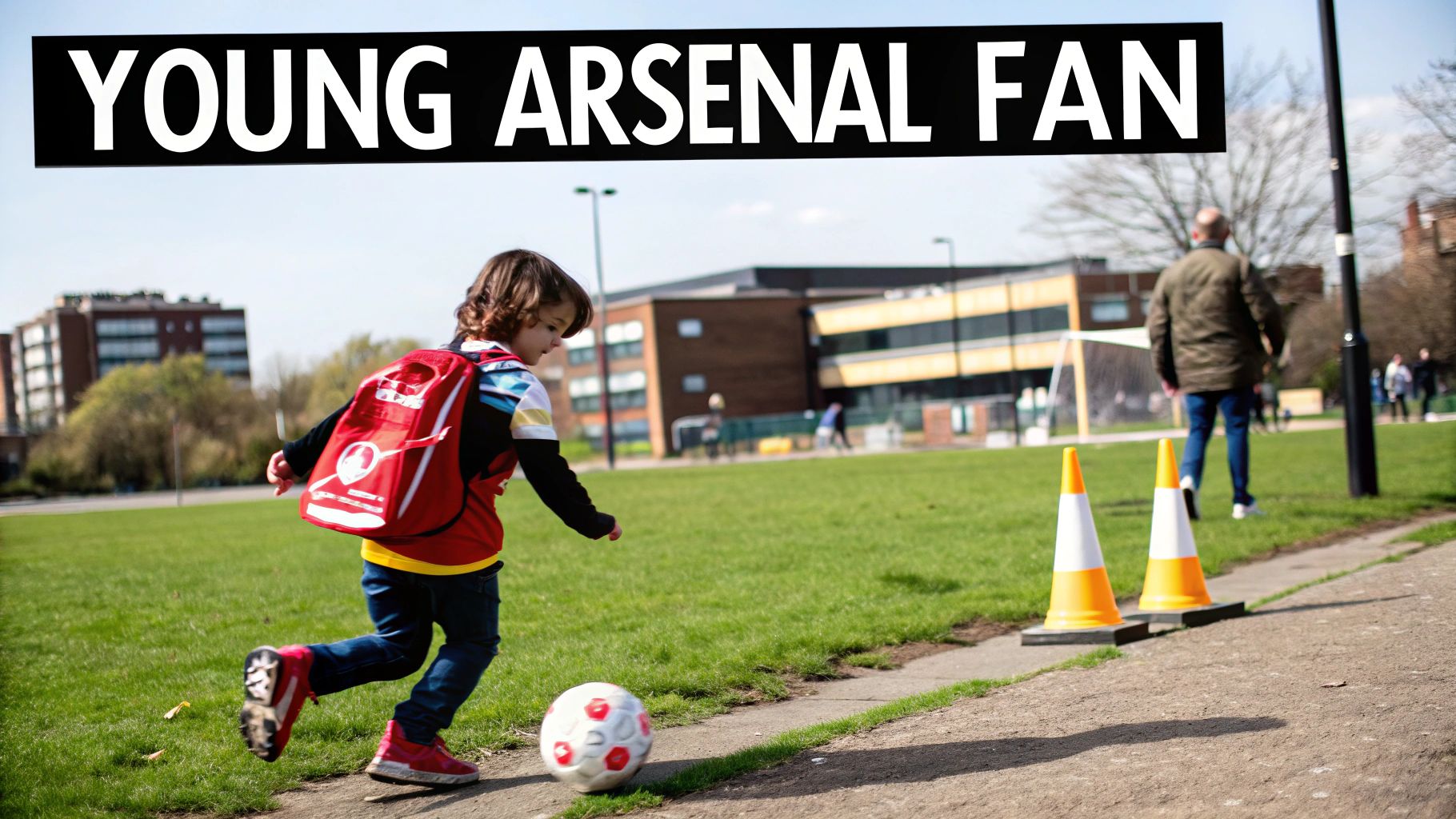 A young boy in an Arsenal backpack joyfully kicks a soccer ball on a sunny park day.