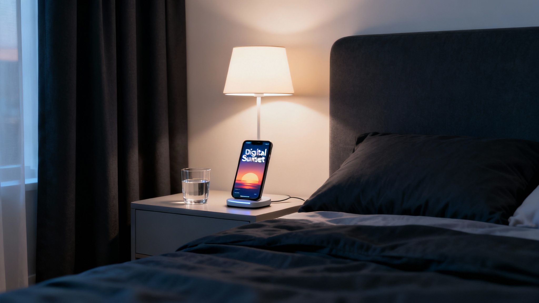 A calm and tidy bedroom with the lights dimmed, ready for sleep.