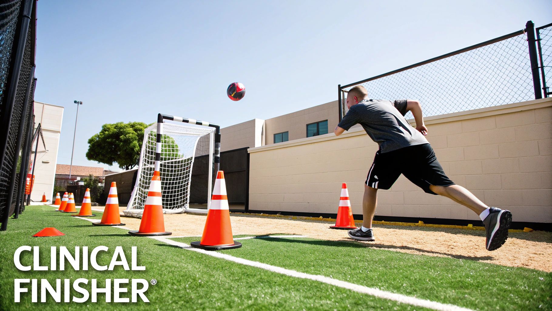 A male athlete performs football drills with a soccer ball, cones, and goal on an outdoor turf field.