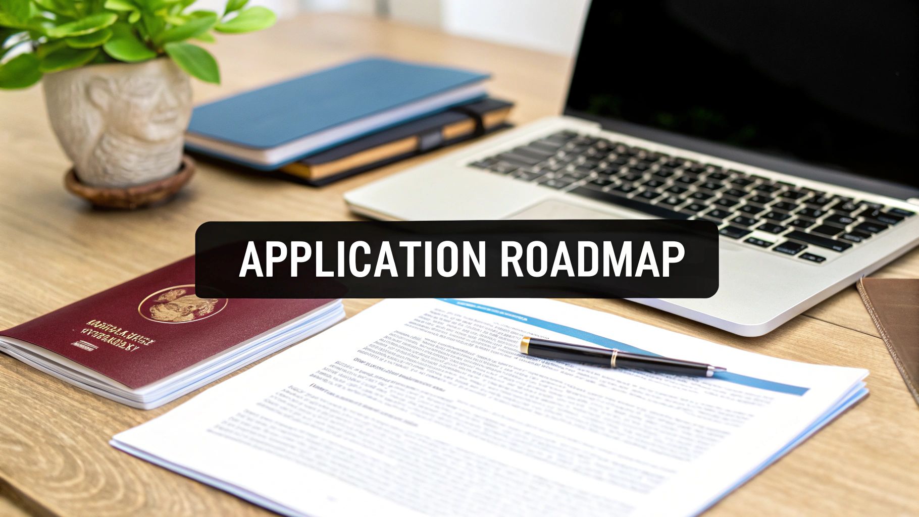 A desk with a laptop, passport, documents, and a pen. A banner reads 'APPLICATION ROADMAP'.