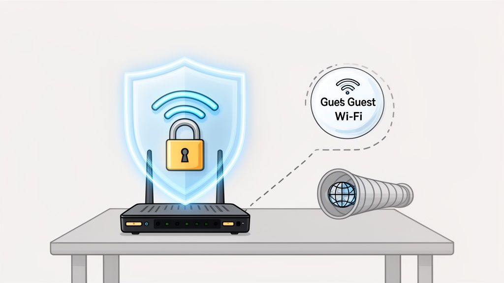 An illustration showing a secure Wi-Fi router with a shield and padlock protecting a guest internet connection.
