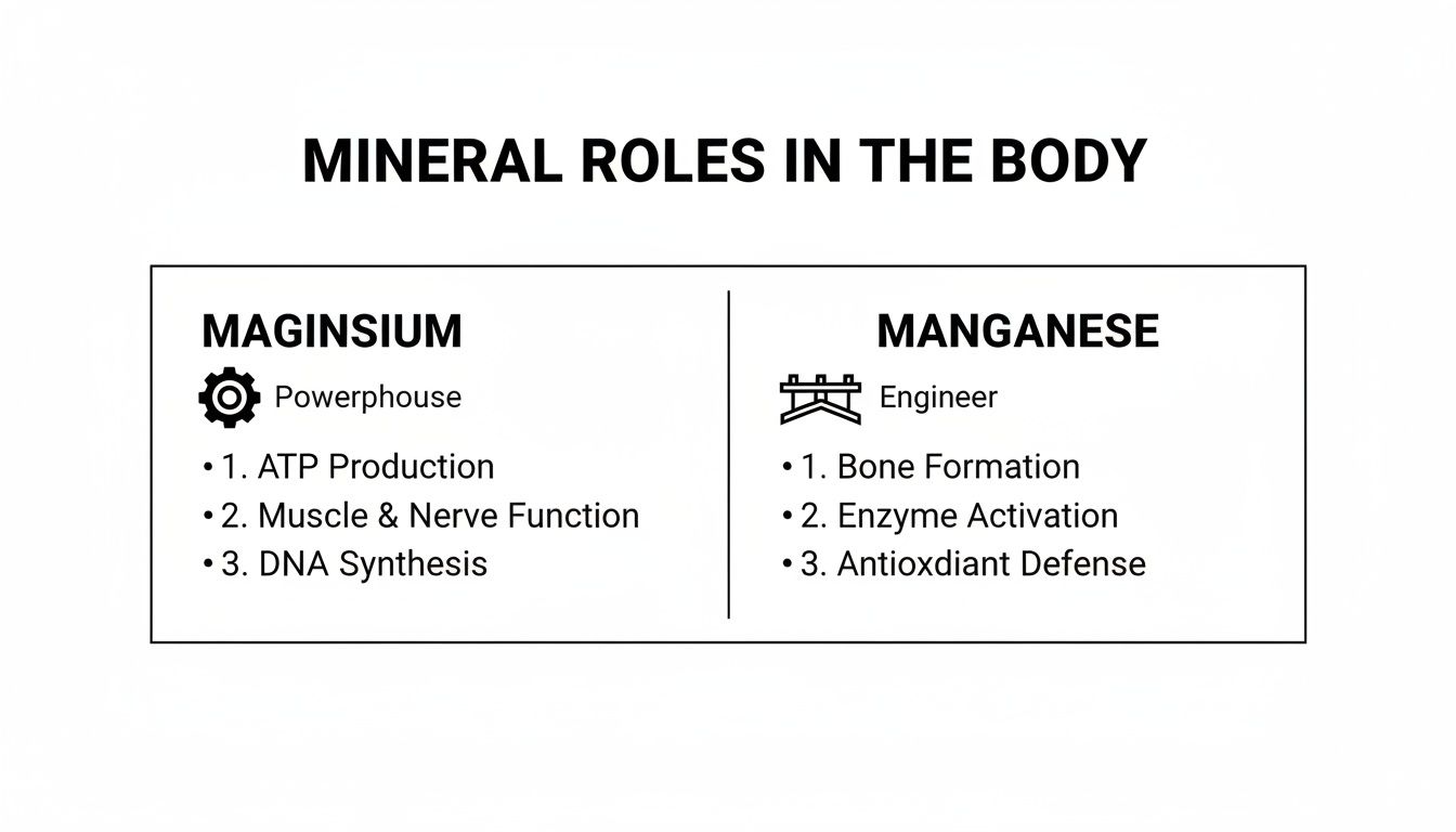 A comparison chart highlighting the essential roles of Magnesium and Manganese in the human body.