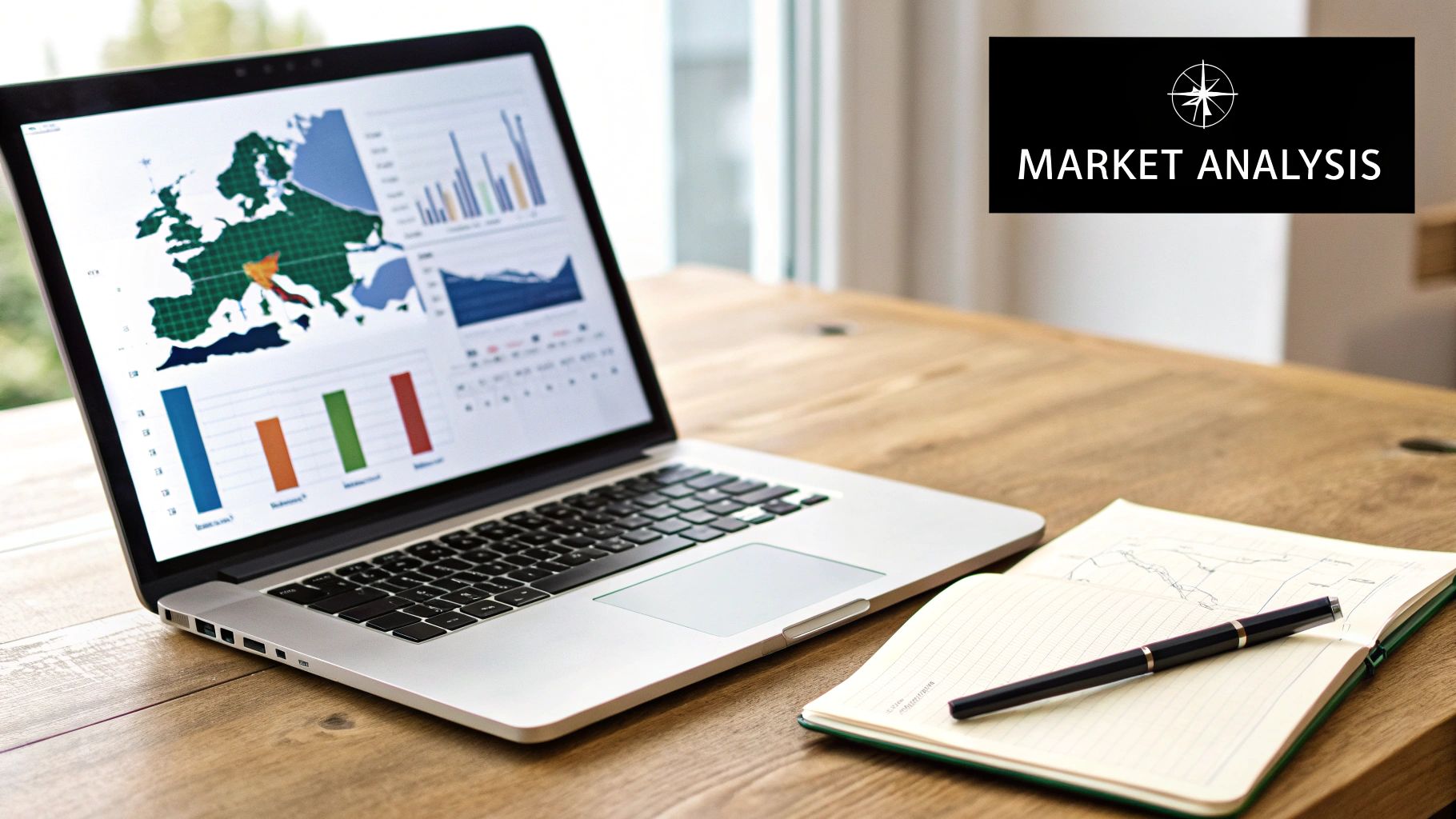 A laptop displaying market analysis data with a map of Europe and charts on a wooden desk.