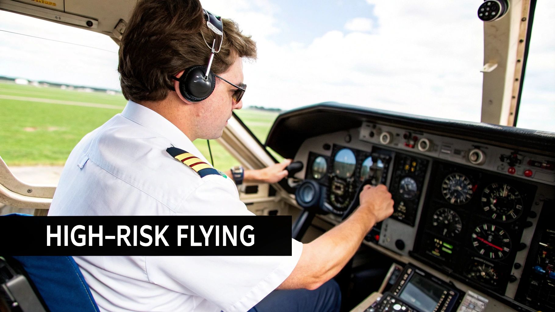 A pilot reviewing flight instruments inside a cockpit before take-off.