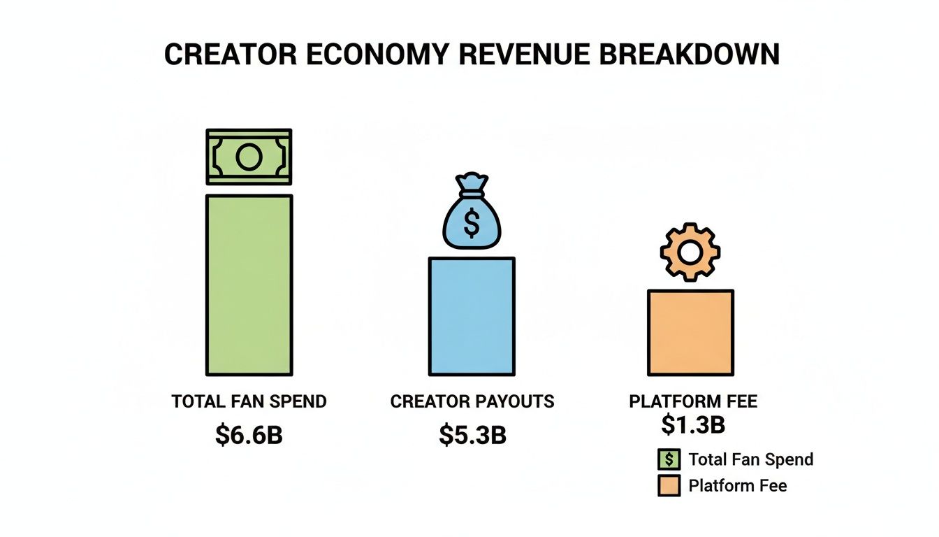 Bar chart showing creator economy revenue breakdown into total fan spend, creator payouts, and platform fees.