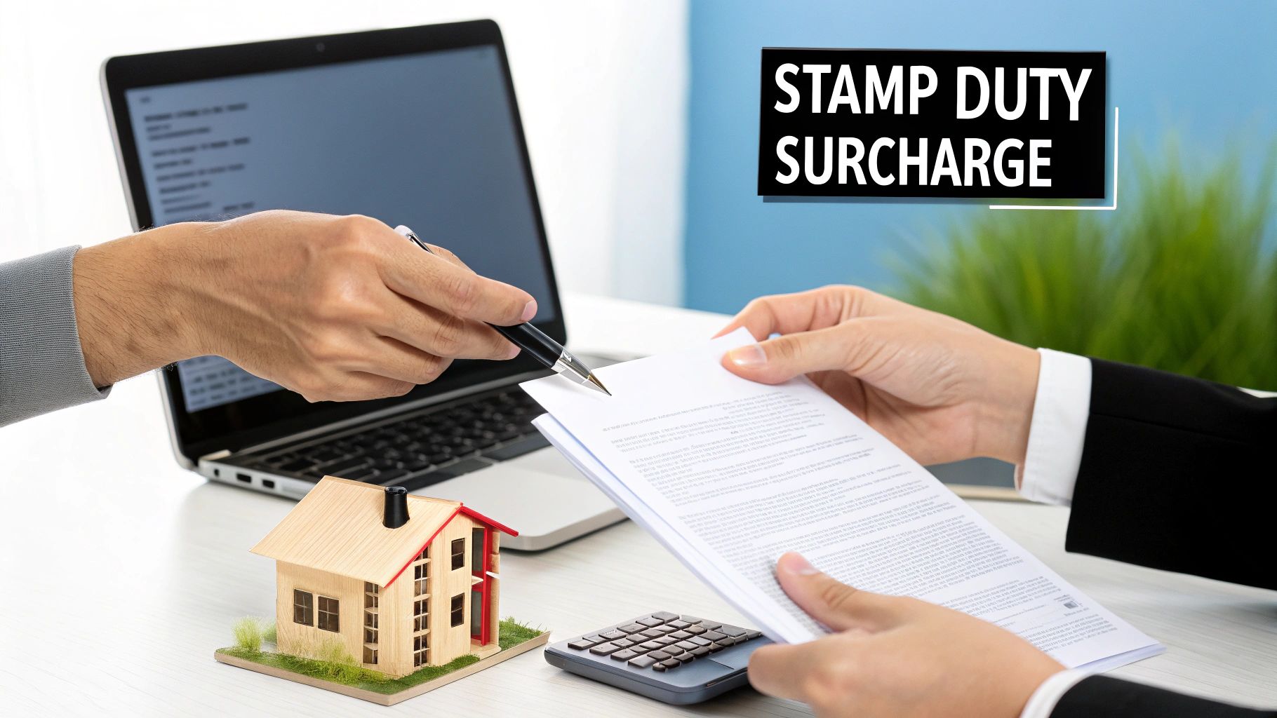 Hands discussing property documents with a pen, laptop, model house, and calculator, featuring 'STAMP DUTY SURCHARGE' text.