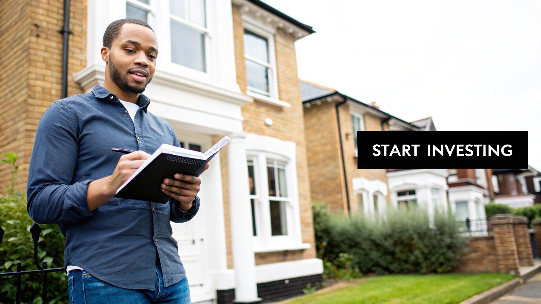 A young man is writing in a notebook in front of residential buildings with the text "START INVESTING".