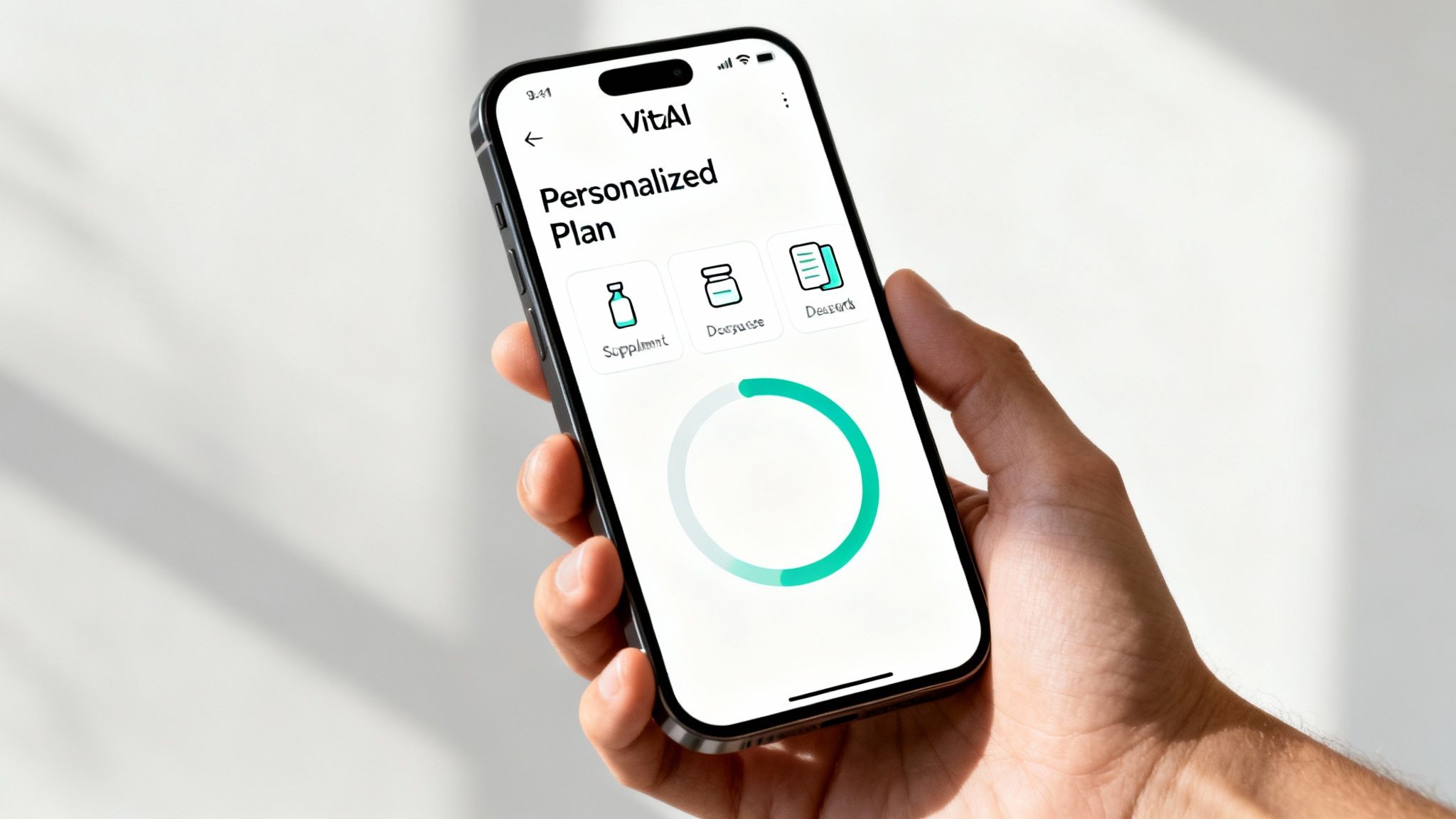 A hand holds a smartphone showing a 'VitAI' health app with a personalized plan for supplements.