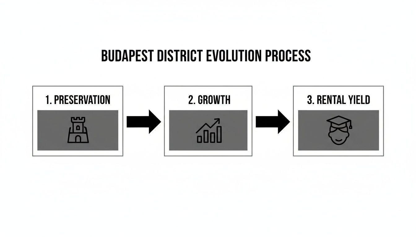 A flowchart detailing the Budapest district evolution process: preservation, growth, and rental yield.