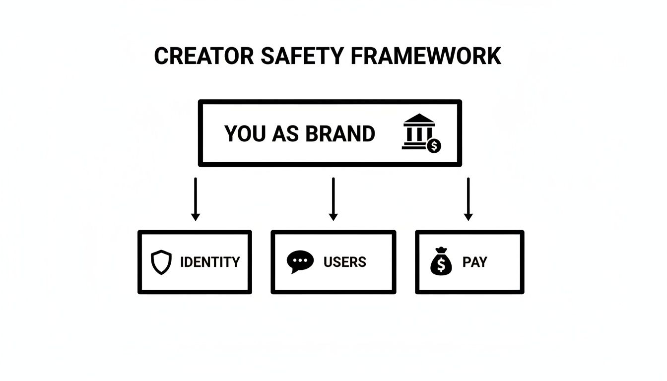 A creator safety framework diagram showing 'You as Brand' leading to 'Identity', 'Users', and 'Pay'.