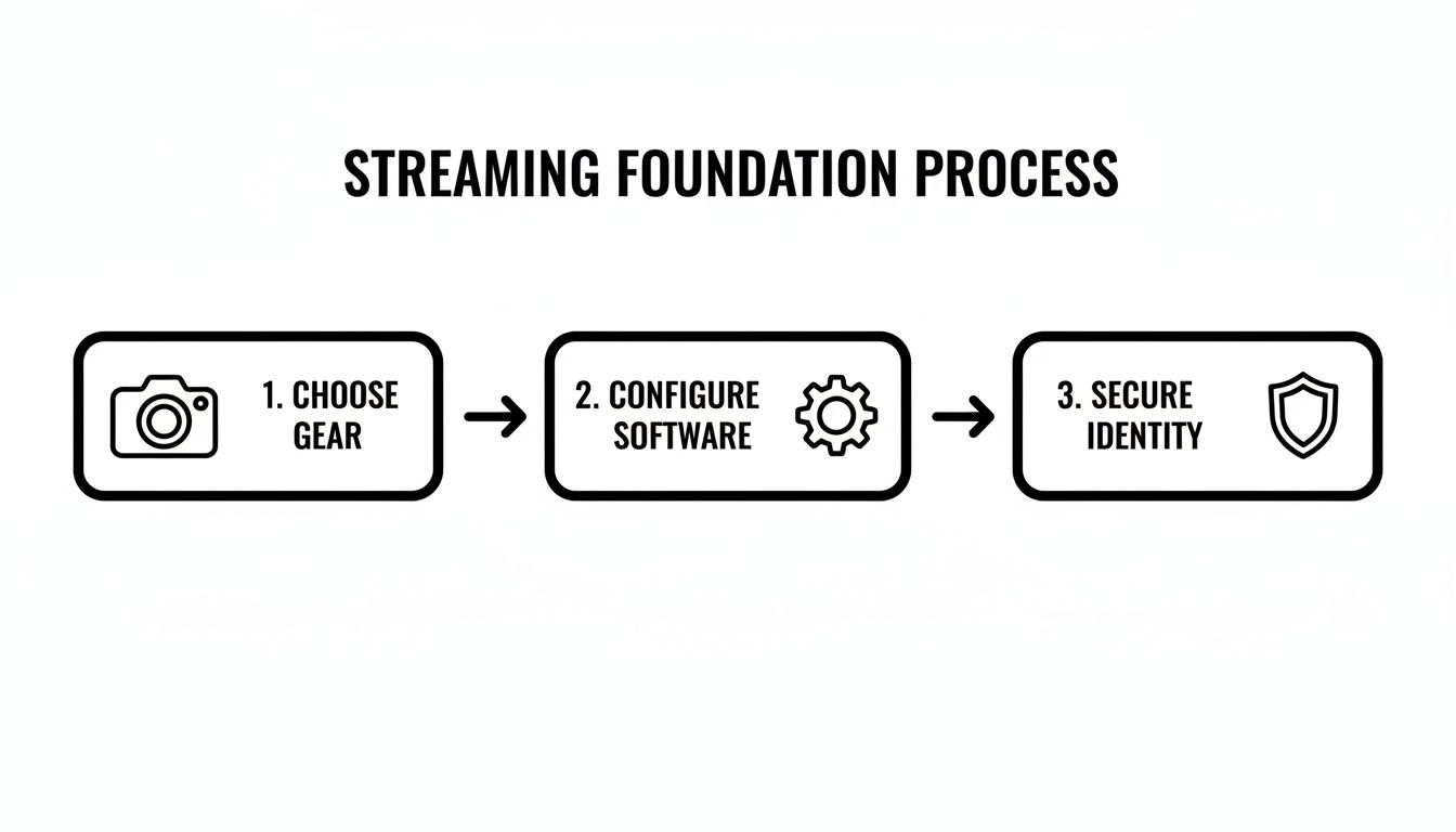Flowchart illustrating the three-step streaming foundation process: Choose Gear, Configure Software, and Secure Identity.