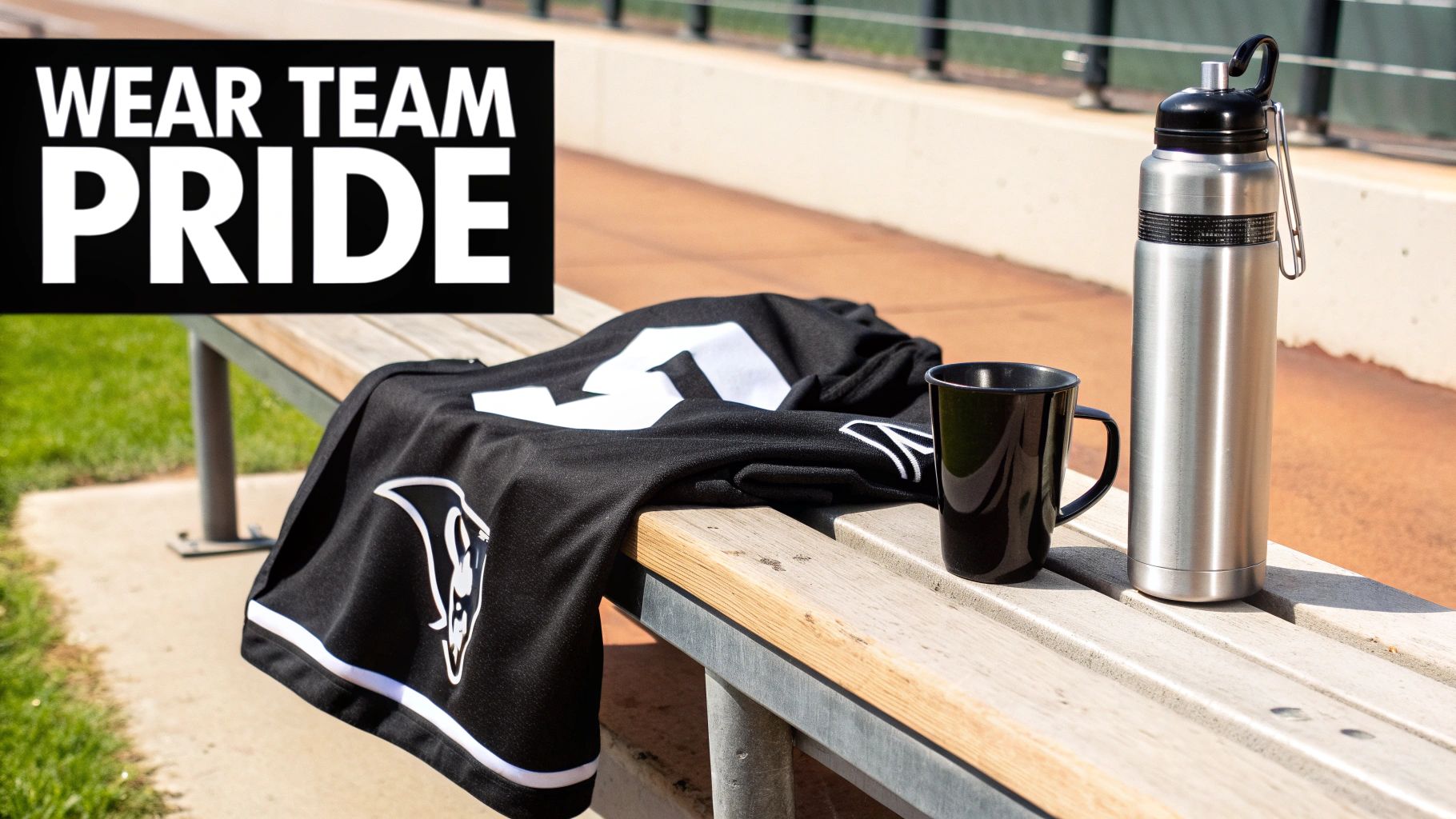 A black sports jersey with white numbers, a black mug, and a silver water bottle on a wooden bench, with a 'WEAR TEAM PRIDE' sign.