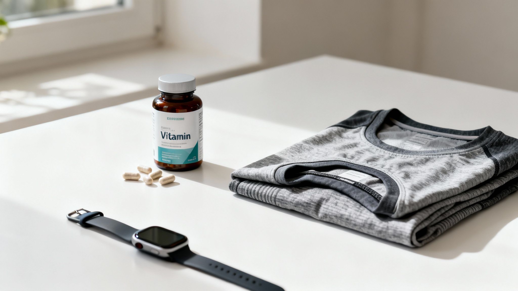 A vitamin bottle, scattered capsules, a smartwatch, and a folded t-shirt on a white table.