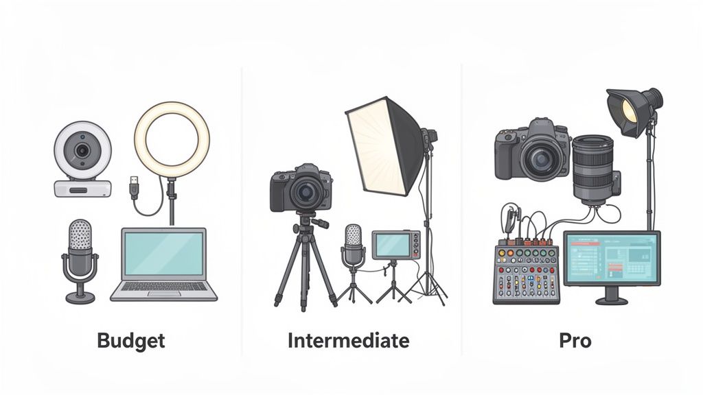 Three distinct video production setups: Budget, Intermediate, and Pro, illustrating equipment evolution from basic to advanced.