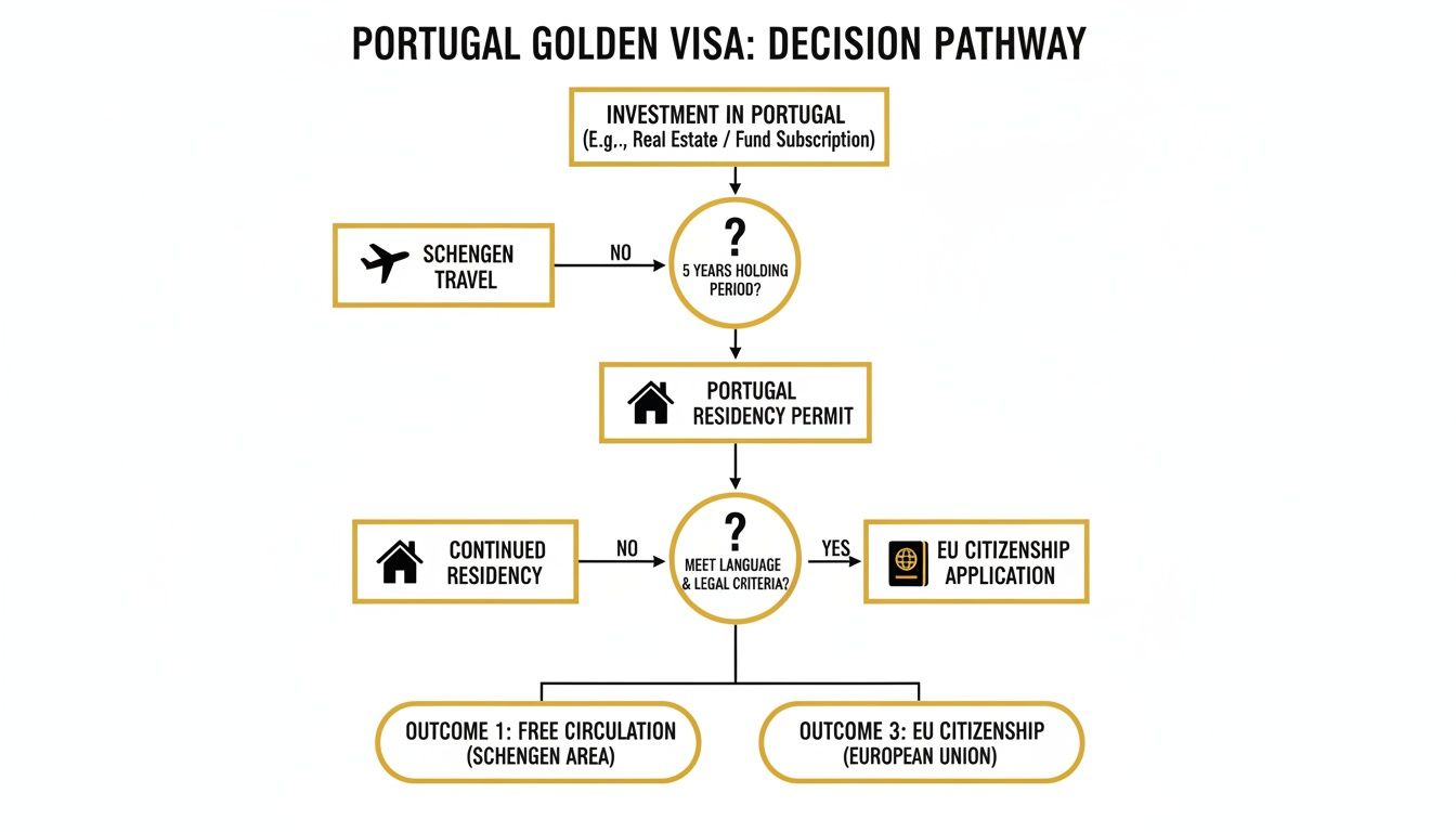 A flowchart illustrating the Portugal Golden Visa decision pathway, from investment to EU citizenship application.