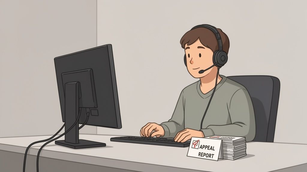 A content moderator wearing a headset types on a computer, processing appeal reports.