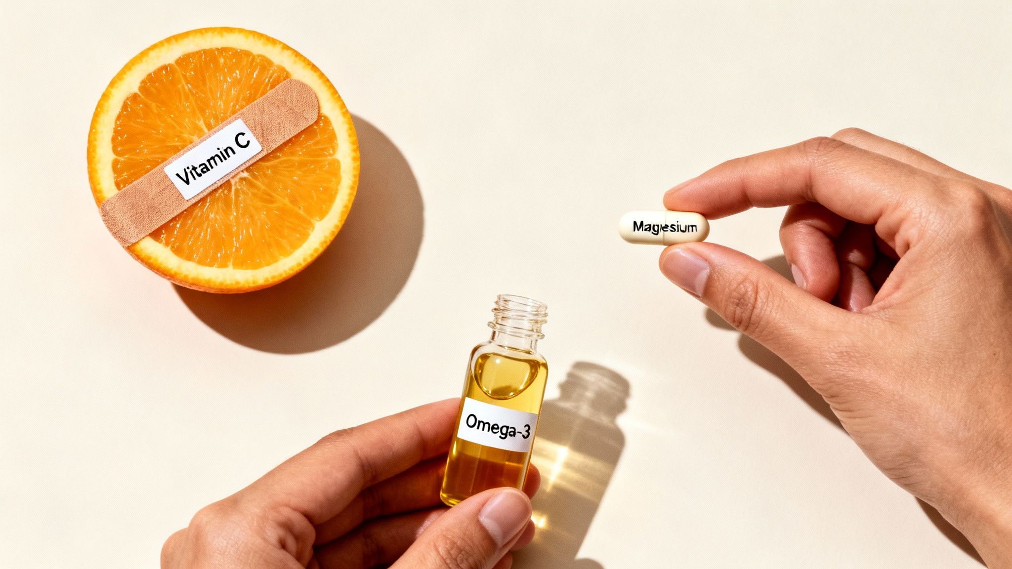 Hands hold Omega-3 oil and a Magnesium capsule, next to an orange with a Vitamin C band-aid.