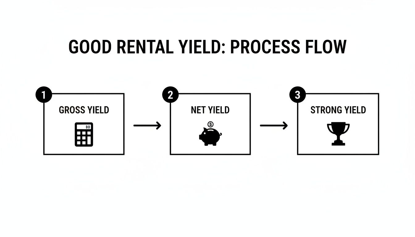 Process flow showing good rental yield stages: Gross (calculator), Net (piggy bank), and Strong (trophy).
