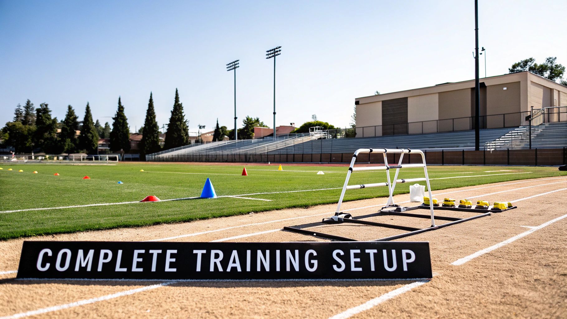 A complete training setup sign on a running track with agility equipment and a sports field.