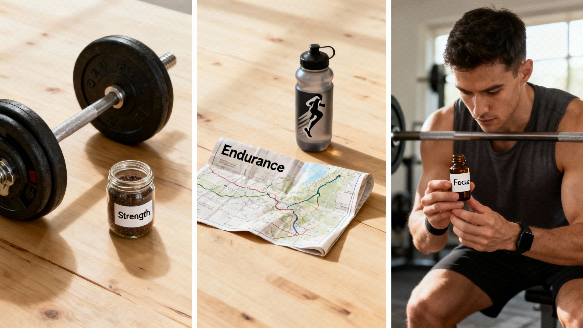 Fitness supplements for strength, endurance, and focus displayed with workout equipment and water bottle