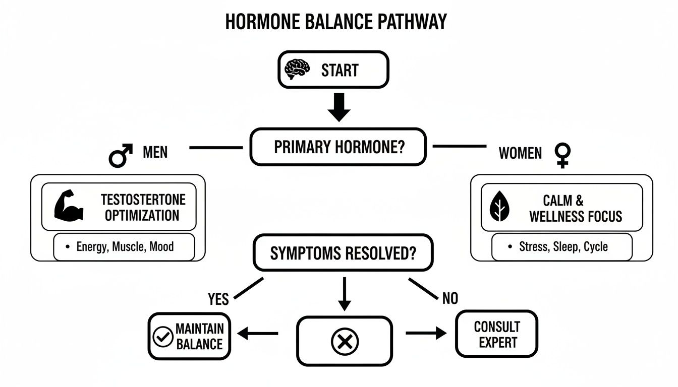 Flowchart outlining a hormone balance pathway, detailing steps for men and women, and symptom resolution.