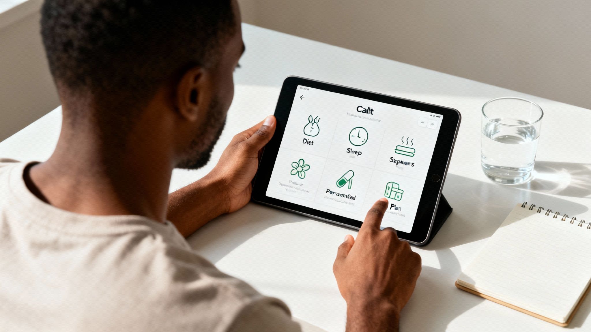 A person interacts with a tablet displaying a health and wellness app, with sections for diet and sleep.