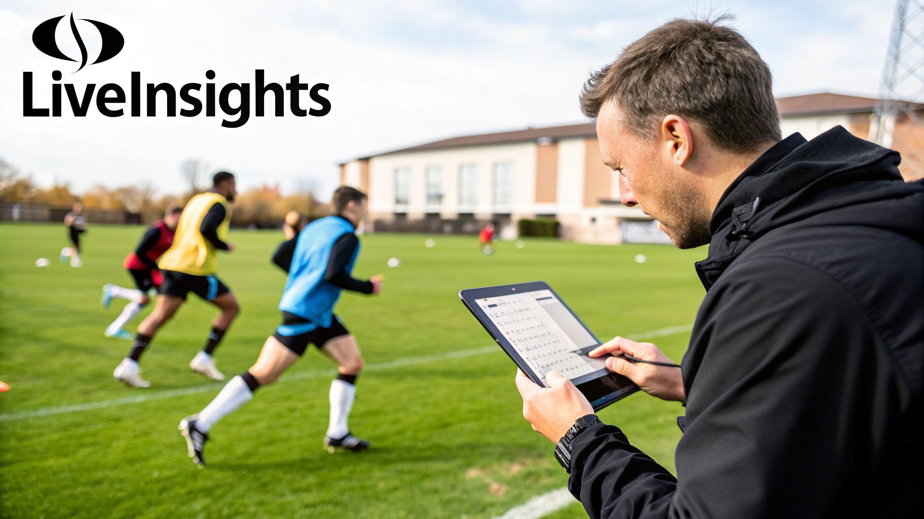 A coach analysing data from wearable football sensors on a tablet