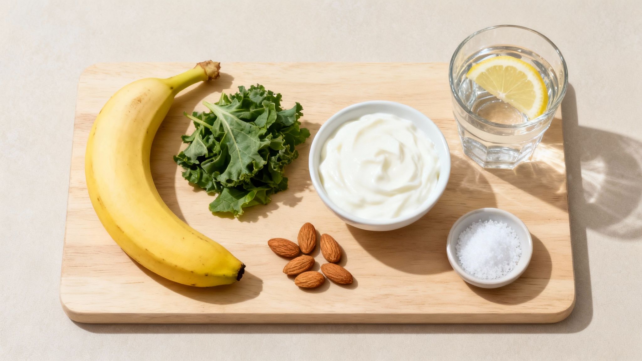 A vibrant spread of electrolyte-rich foods like bananas, leafy greens, and dairy products.