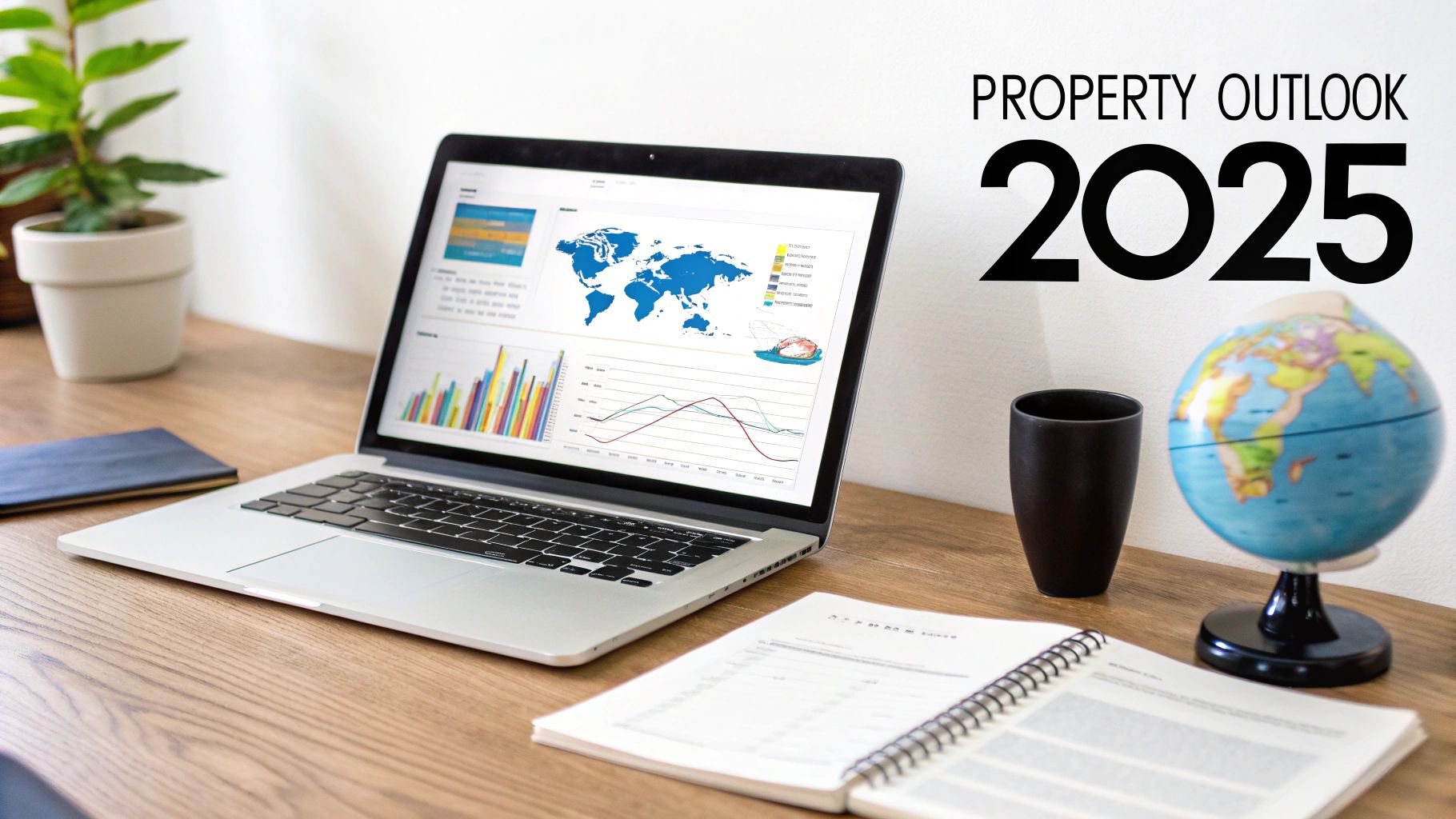 A laptop displaying property market charts and a globe, with 'PROPERTY OUTLOOK 2025' text.