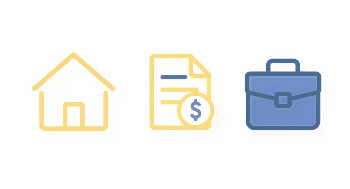 Digital icons: a home, a document with a dollar sign, and a professional briefcase.