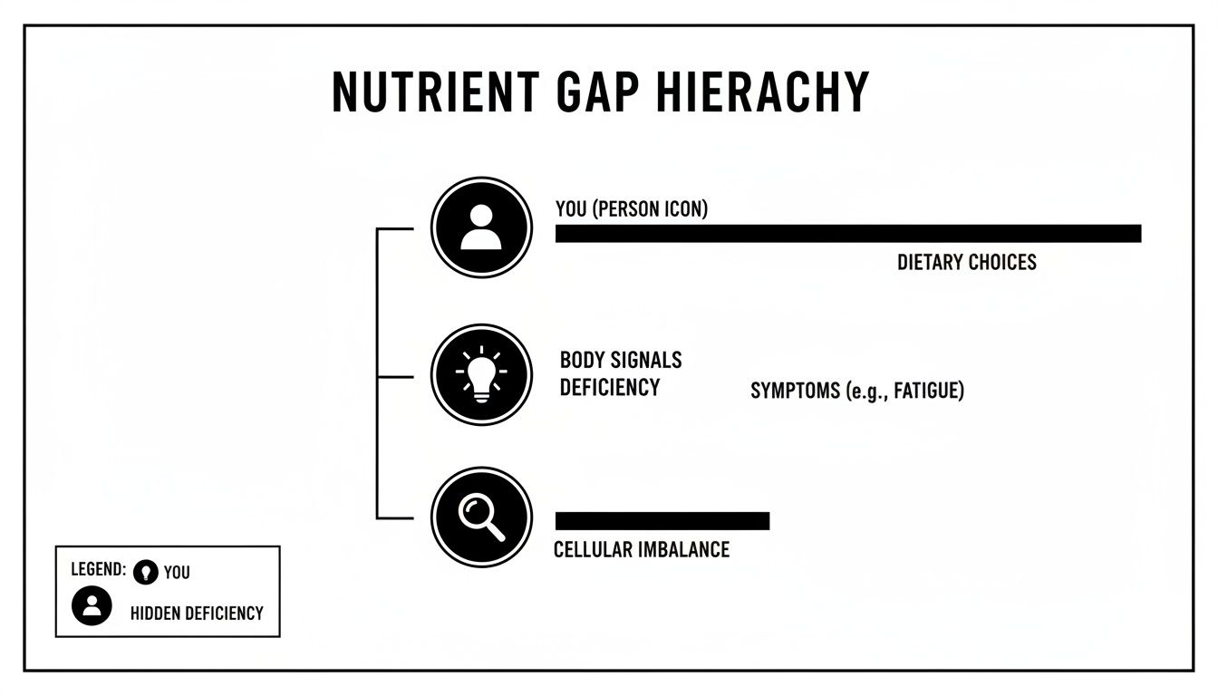 Diagram showing the Nutrient Gap Hierarchy, illustrating stages from dietary choices to body signals and cellular imbalance.