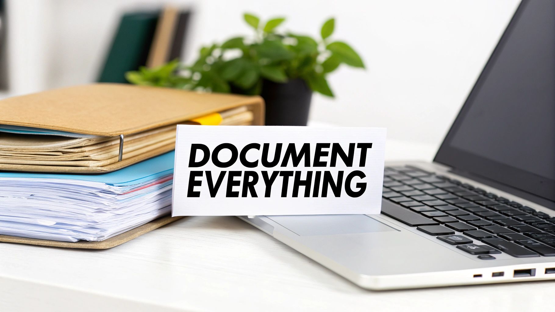 Document everything sign on desk with folders, laptop, and office supplies for tax organization