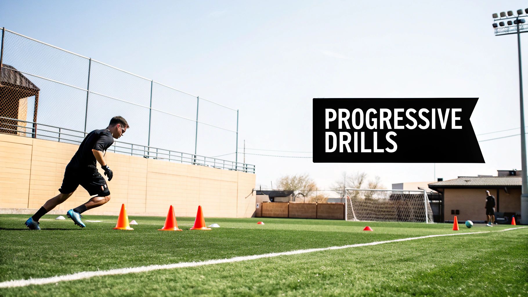 A soccer player in black gear trains on a green field with orange cones, performing progressive drills.