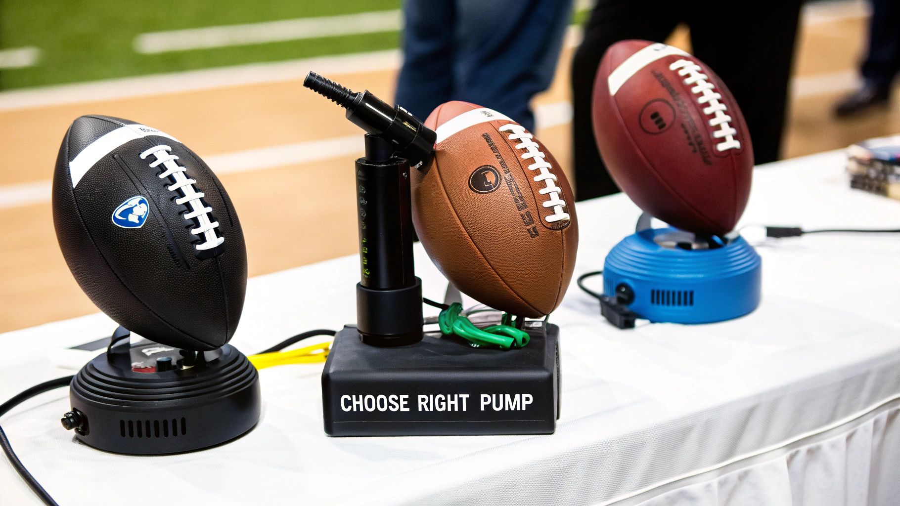 A close-up of an electric football pump showing the digital display and control buttons.
