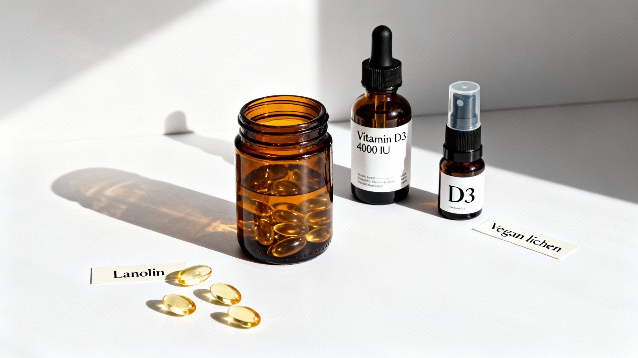 Various Vitamin D3 supplements including capsules, dropper, and spray, with Lanolin and Vegan lichen labels.
