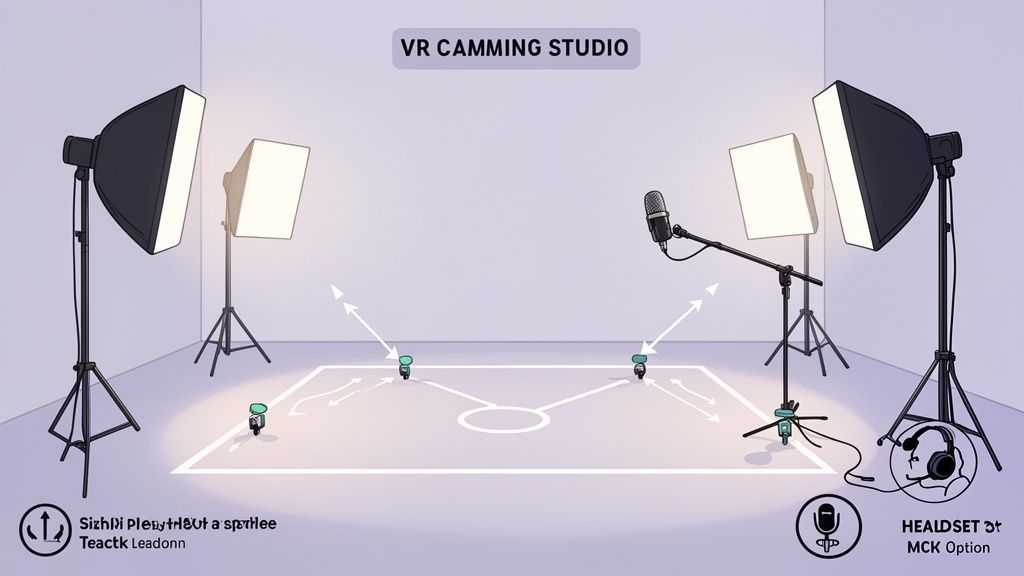 A VR camming studio setup with professional lighting, microphone, and floor tracking markers.
