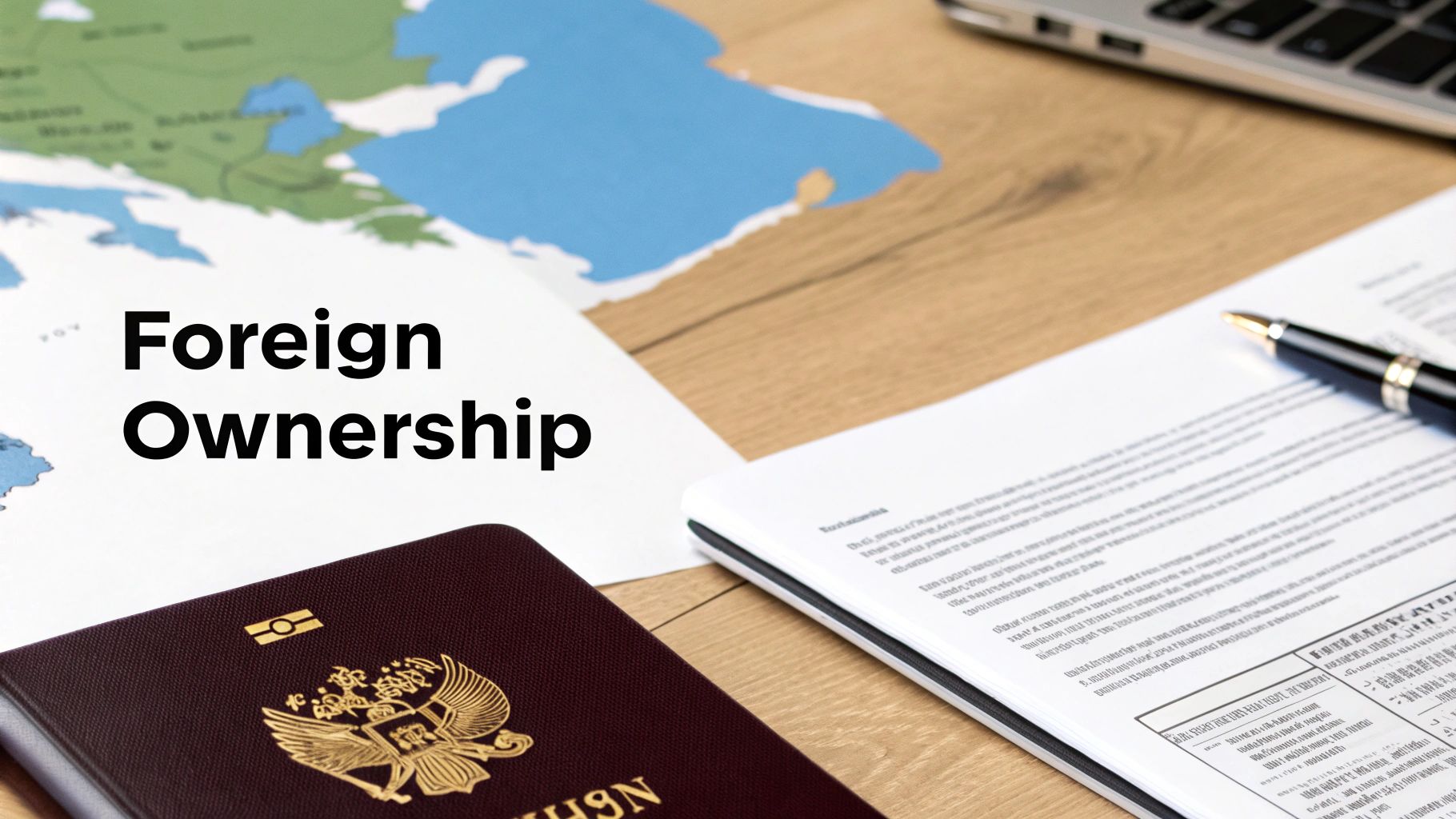 A desk with a document titled 'Foreign Ownership', a map, a passport, and a pen.